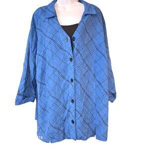Vintage Maggie Barnes, blue black plaid, three quarter sleeve button up top 2XL